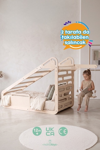Sleepy Ahşap Montessori Yatak 70x140 Cm Kaydıraklı, Tırmanma Tahtalı, Salıncaklı, Yazı Tahtalı, Masalı Çocuk Yatağı