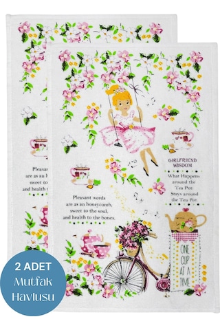 2li Paket Baskılı Beyaz Mutfak Havlusu Modeli Bisikletli Kız