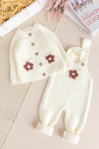 Babymod Yumuşak Dokulu Triko Hırkalı Kız Bebek Örgü Salopet Tulum Set Ekru