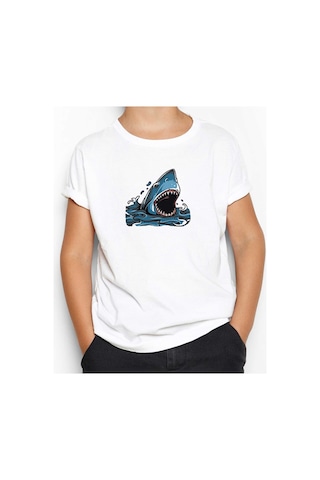 Zepplin Giyim Shark Cartoon Beyaz Çocuk Tişört Beyaz