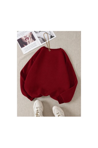 Esade Kadın Beyaz Sarı Çiçek Kol Baskılı Rahat Kalıp Bisiklet Yaka Bordo Sweatshirt Bordo