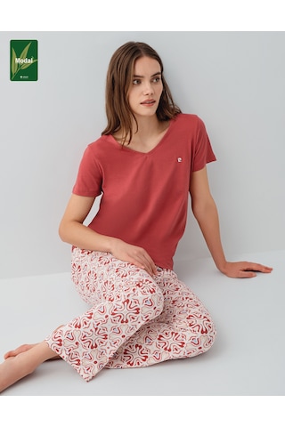Pierre Cardin 9195 Modal Pamuk Cepli Kısa Kol Kadın Pijama Takımı Bordo
