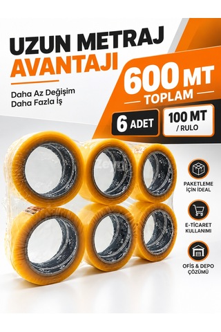 100 Metre Koli Bandı 6'lı Paket Akrilik Yapışkanlı Şeffaf Paketleme Ve Kutu Bandı 6 Adet