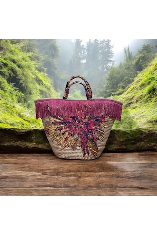 Hasır Çanta, Plaj Çantası, Tasarım Çanta, Püsküllü,desenli El Çantası Mürdüm