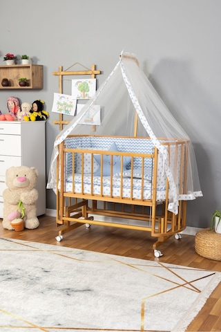 Ahşap Beşik Anne Yanı Beşik Doğal Vernikli 60x120 Mavi Yıldız Uyku Seti Yatak Tekerlekli Ahşap