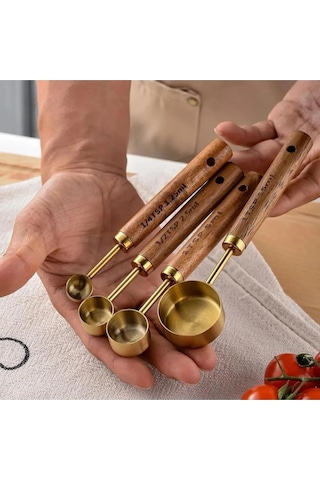 Mucit Home 4 Adet Gold Paslanmaz Çelik Ahşap Saplı Ölçü Kaşığı Seti Ölçü Kabı Küçük Gold