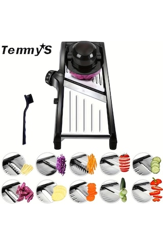 Dashanshop Temmys Manuel Sebze Doğrayıcı Ve Kesici With Brush Ayarlanabilir Paslanmaz Çelik Bıçaklar Mutfak Rendesi Meyve Patates Soğan İçin Temizlik Fırçası Dahil Siyah 1 Parça