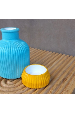 Uretti - Pınar 2572 1733 El Yapımı Vazo Ve Tealight Mumluk 2'li Dekoratif Set Mavi - Sarı
