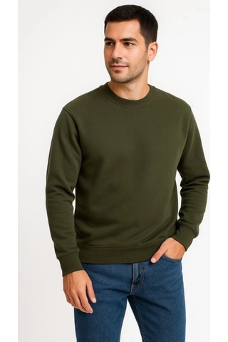 Butik İstanbul Erkek Üç İplik Düz Bisiklet Yaka Sweatshirt - Haki