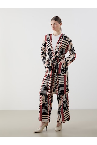 Lcw Modest Siyah Şal Yaka Desenli Oversize Kadın Kimono