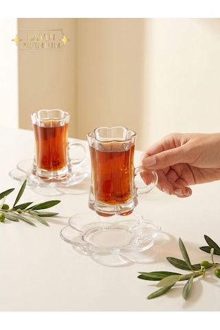 6 Kişilik Cam Lotus Çiçek Model Çay Fincan Takımı Seti 120ml Şeffaf