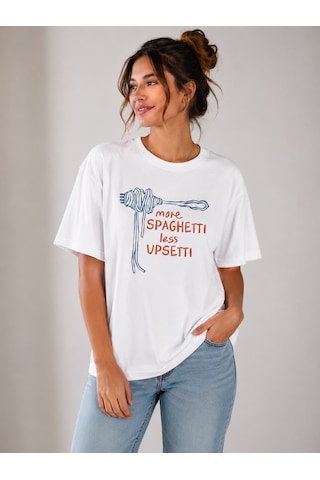 Bozzbozzcollection Spagetti Mutluluğu Baskılıl Oversize Beyaz Tişört Kadın