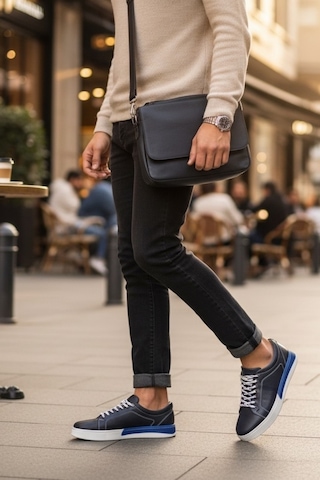 Enoch Hakiki Deri Mavi Renk Detaylı Erkek Sneaker Ortopedik Taban Lacivert