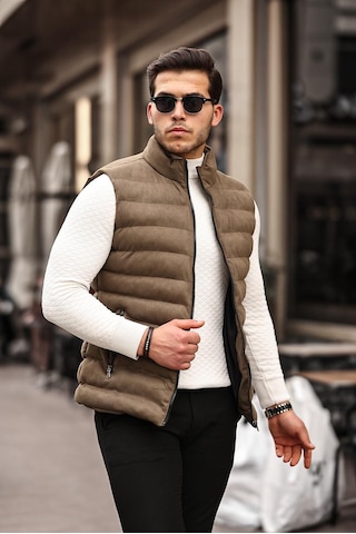 Mero Life Erkek Haki Nubuk Süet Şişme Yelek