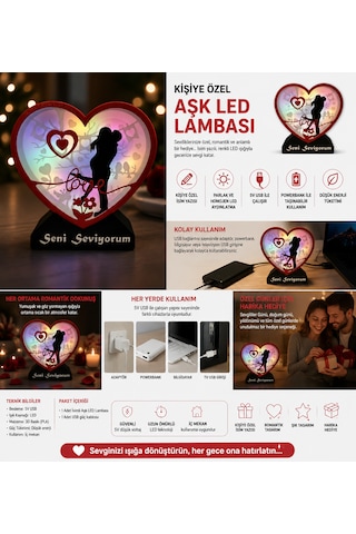 Kişiye Özel İsim Yazılabilir Led Kalp Tasarımlı Masa Lambası Usb 5v Dekoratif Aydınlatma Sevgiliye Romantik Hediye Çok Renkli