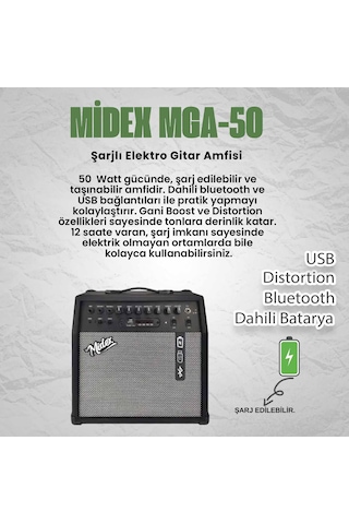 Midex Mga-50usb-bt Elektro Gitar Amfisi 50 Watt Usb Bluetooth Şarjlı 4 Girişli
