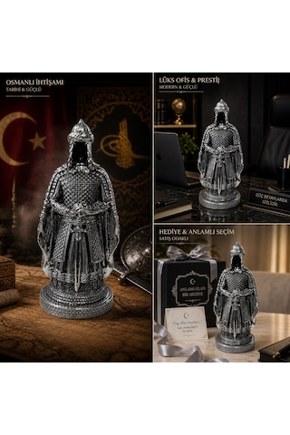 Prestij Güç Sembolü Tarihi Osmanlı Zırhlı Pelerinli Savaşçı Asker Biblo Anlamlı Hediye Gümüş 28 Cm Çok Renkli