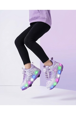 2256-n-drops Led Işıklı Çift Tekerlekli Akıllı Bağcıklı Unisex Çocuk Patenli Ayakkabı Beyaz - Lila