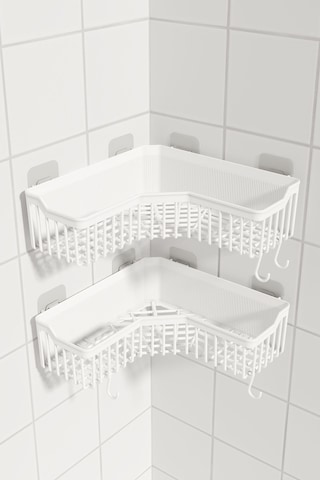 Ata Home Banyor Köşe Yapışkanlı Banyo Rafı, 2'li Banyo Düzenleyic Beyaz
