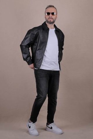 Ohepmoda Oversize Rahat Kalıp Düz Erkek Deri Ceket Siyah