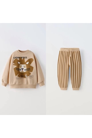 Lolliboomkids Erkek Çocuk Ormanlar Kralı Aslan Desenli Kışlık 3 İplik Pamuklu Sweatshirt Çizgili Eşofman Alt-üst Takım Taş