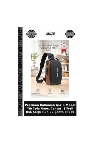 Grey Cat Premium Kullanışlı Askılı Model Yürüyüş Omuz Çantası Şifreli Usb Şarjlı Günlük Çanta 88039 Diğer