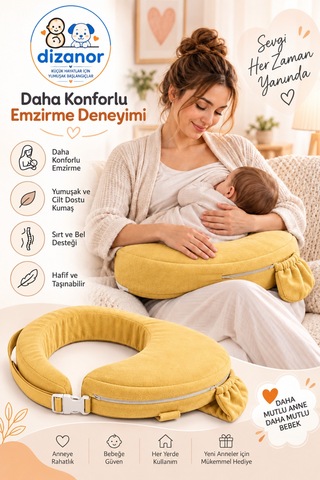 Dizanor Ayarlanabilir Kemerli Çok Amaçlı Emzirme Minderi Fermuarlı Yıkanabilir Kılıf 56x50x11 Cm - Sarı