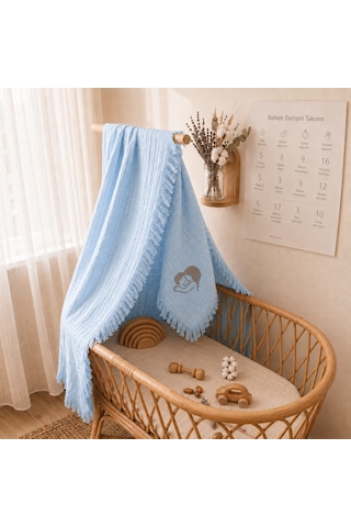 Minimoms %100 Pamuk 4 Katlı Müslin Bebek - Çocuk Battaniyesi 100x120 CM - Yumuşak Yenidoğan Kız ve Erkek Bebek Örtüsü Bebe Mavi