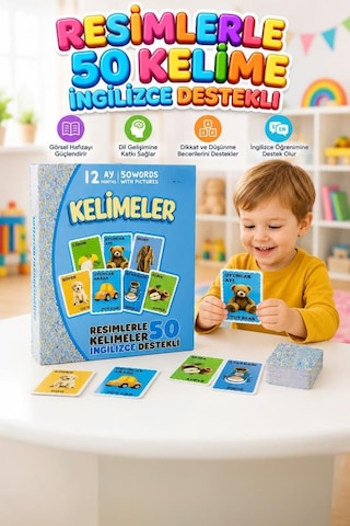 İngilizce - Türkçe Eğitim Kartları - 50 Kelime Kartı İle Çocuklar İçin Görsel Dil Gelişim Seti