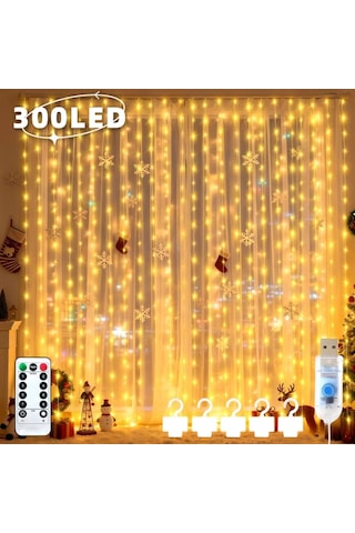 Shopytech 300 Led Usb Perde Işık 8 Modlu Uzaktan Kumandalı Gün Işığı Dekoratif Led Peri Işığı Çok Renkli