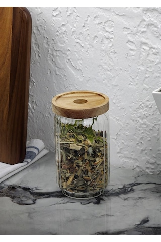 Timber Cam Kavanoz - Çizgili Saklama Kavanozu - Ahşap Kapaklı, 750 Ml