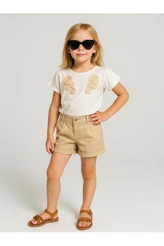 Kız Çocuk Etnik Desenli Nakışlı Tasarım T-shirt-15980 Krem