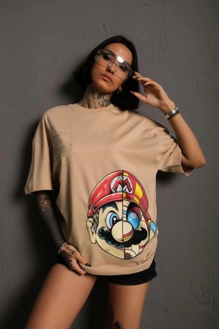 Wear Vexel Kadın Mario Baskılı T-shirt Oversize Kısa Kol Bisiklet Yaka Tişort - Bej Bej