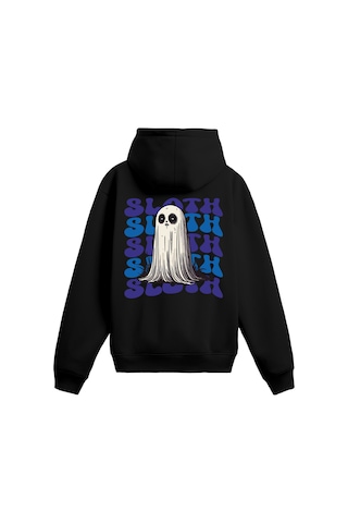 Puck Theworld Sloth Baskılı Unisex Hoodie, 3 İplik Şardonlu Rahat Ve Geniş Kalıp SIYAH