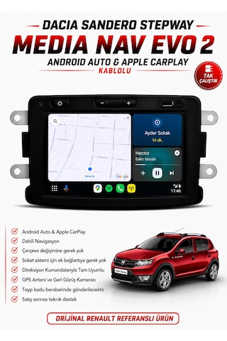 Dacia Sandero Stepway Uyumlu Media Nav Evo 2 Multimedya Navigasyon Carplay / Android Auto Versiyon 7"