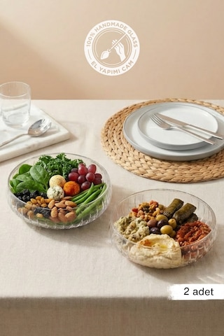 Selen Concept El Yapımı Büyük Boy Cam Salata Kasesi 2'li Set Şeffaf