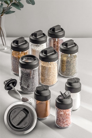 Vienev 3lü Tuzluk Baharatlık Ve 6lı Kendinden Kaşıklı Baharatlık Seti Siyah - Şeffaf
