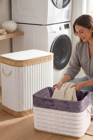 2 Li Katlanır Bambu Kirli Çamaşır Sepeti Peluş Kaplamalı Beyaz