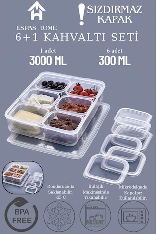 7'li Sızdırmaz Freshbox Kahvaltılık Saklama Kabı Seti / 1x3000 Ml + 6x300 Ml Şeffaf Şeffaf