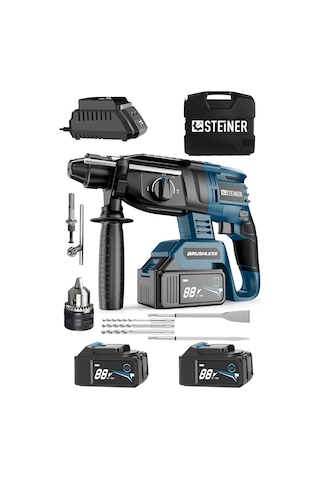 Steiner 88V 5Ah Çift Akülü Darbeli Kırıcı Delici Matkap Yeşil + Mandren + 5 Parça Uç