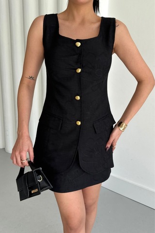 Sensuelle Jakar Keten Yelek - Kısa Etek Takım - Siyah Siyah