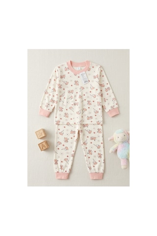 Deniva Kids Kız Çocuk Pembe Sevimli Hayvan Desenli %100 Pamuklu Ribanalı Uzun Kollu Pijama Takımı Bej