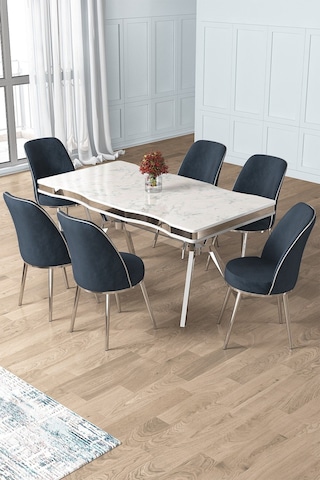 Canisa Prah Serisi 90x160 Lak Panel Beyaz Mermer Desen Krom Ayak Masa Takımı 6 Antrasit Sandalye Beyaz Mermer Desen Masa Sandalyeler Antrasit