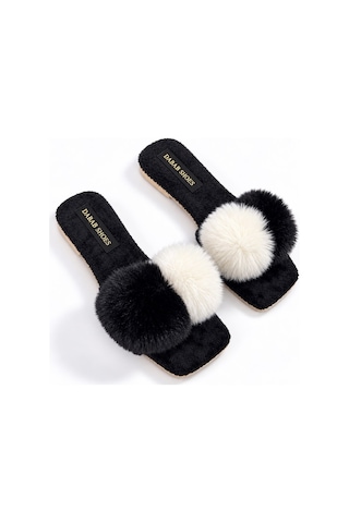 Dabab Shoes Pomella Kadın Siyah Çift Ponponlu Peluş Bantlı Kaymaz Tabanlı Önü Açık Ev Terliği