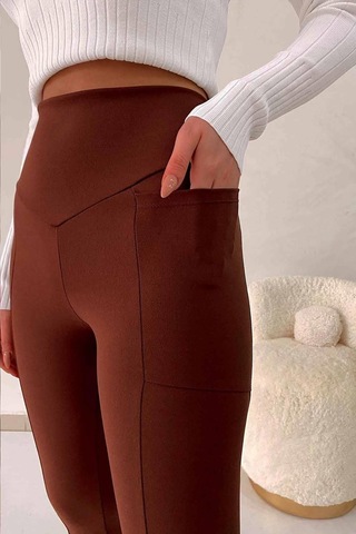Mine Tan Butik Yanı Cepli Toparlayıcı Yüksek Bel Likralı Spor Tayt - Koyu Kahve Kahverengi