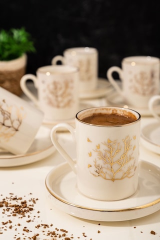 Mest 6 Kişilik 12 Parça Hayat Ağacı Gold Kahve Fincanı Seti - Şıklık Ve Zarafetle Porselen Fincan Takımı Gold
