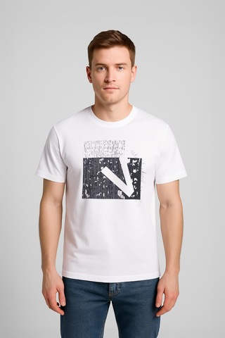 Erkek Rahat Kesim Bisiklet Yaka Baskı Detay T-shirt Çok Renkli