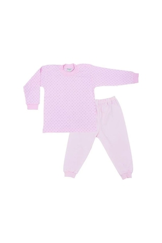 Çocuk Puantiye Desenli Pamuklu Yumuşak Dokulu Pijama-14799 Pudra