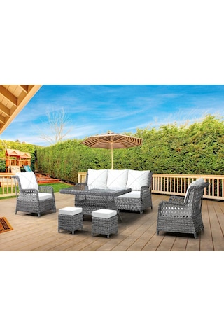 Omit Pazar Dicle 5 Kişilik Gri Örgü Rattan Oturma Grubu Minderli & 80x120cm Masa+puflu Takım