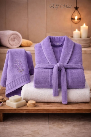 Tek Kişilik Banyo Havlulu Bornoz Seti Pamuklu Bukle Şalyaka Nuvia Lavanta